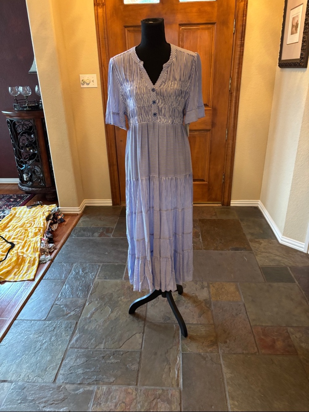 Women's Light Blue Striped Maxi Dress with Button Front